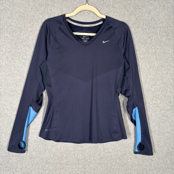 Nike Shirt Womens Large Blue Dri Fit Running Thumb Holes Mesh Long Sleeve Base‎ - Picture 1 of 13